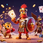 Attirez la chance avec l'illustration d'un casino en ligne dynamique, où un coq gladiateur rencontre la fortune.