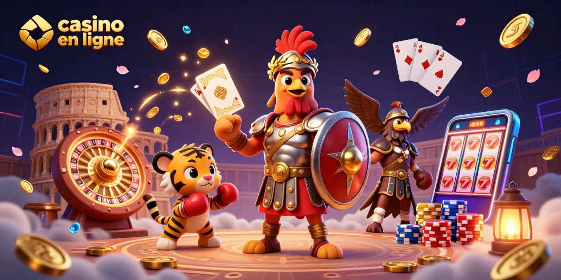Attirez la chance avec l'illustration d'un casino en ligne dynamique, où un coq gladiateur rencontre la fortune.