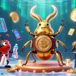 Carton d'un casino en ligne illustrant un scarabée géant et des pièces de crypto-monnaie.