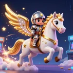 Découvrez une illustration 3D animée vibrante sur le thème du casino en ligne, avec un cheval céleste.