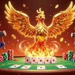 Jouez à casino en ligne avec cette illustration 3D de phénix doré et éléments de poker.