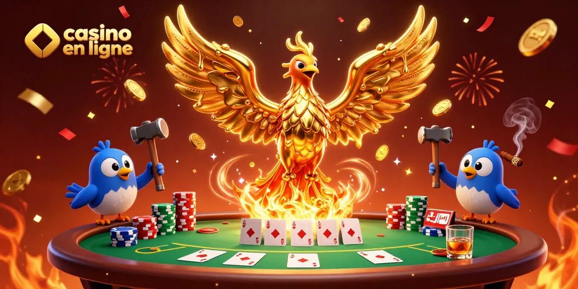 Jouez à casino en ligne avec cette illustration 3D de phénix doré et éléments de poker.