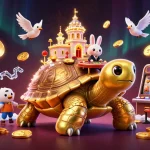 オンラインカジノ スロットで勝利を目指す光り輝くスロットとゴールデンかめのイラスト