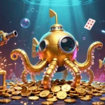Jouer au casino en ligne avec un kraken et des poissons mécaniques à travers une mer de pièces d'or.