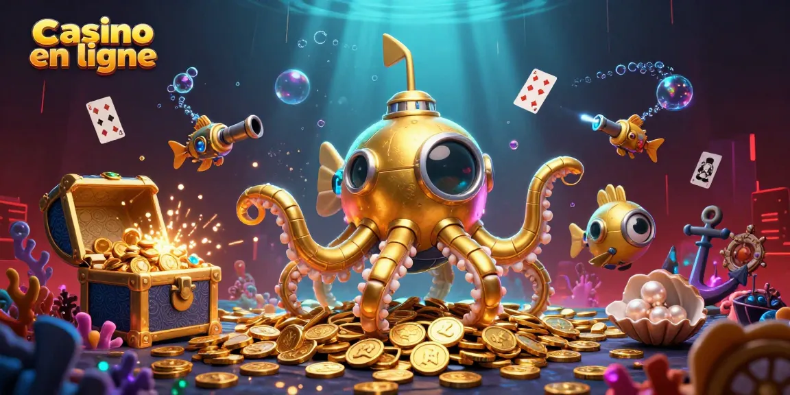 Jouer au casino en ligne avec un kraken et des poissons mécaniques à travers une mer de pièces d'or.