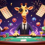 Illustration dynamique de casino en ligne avec une girafe de luxe au poker, un singe serveur et un caméléon barman.
