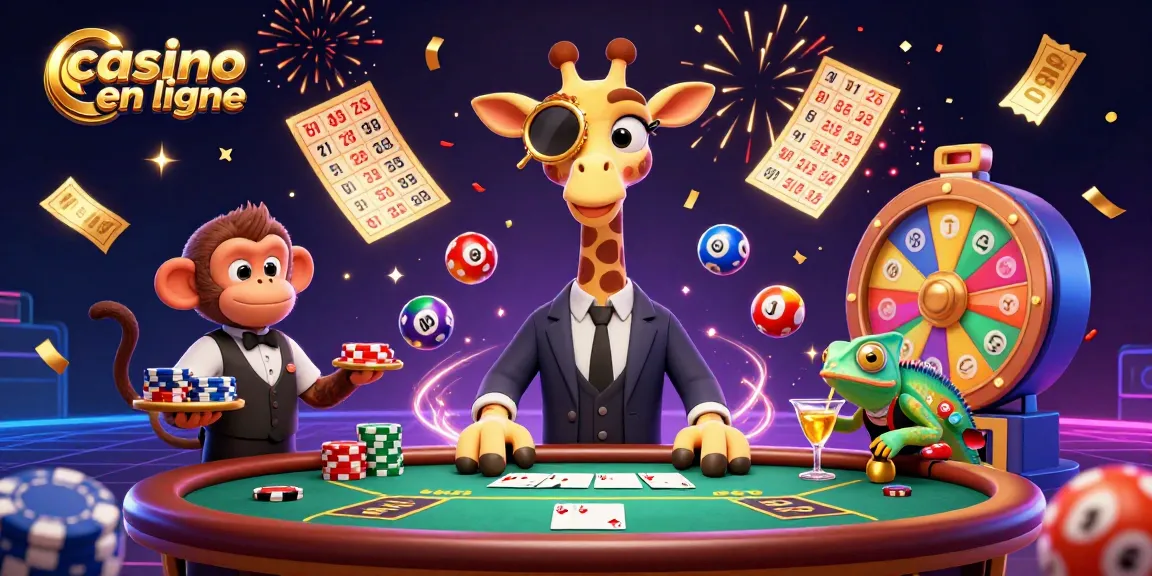 Illustration dynamique de casino en ligne avec une girafe de luxe au poker, un singe serveur et un caméléon barman.