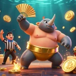 Casino en ligne : un scarabée champion de sumo célébrant des gains entouré de pièces numériques.