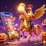 Explore les jeux de casino en ligne avec un coq doré et des accessoires magiques.