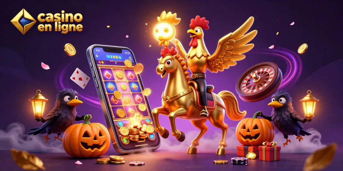 Explore les jeux de casino en ligne avec un coq doré et des accessoires magiques.