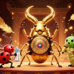 Casino en ligne : combat dynamique entre un scarabée doré et un promoteur passionné.