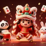 Experience excitement in online casinos with a vibrant Chinese New Year celebration featuring a lion dance and festive decorations.