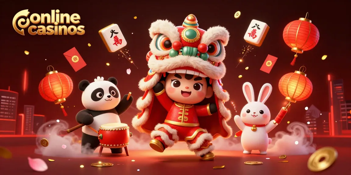 Experience excitement in online casinos with a vibrant Chinese New Year celebration featuring a lion dance and festive decorations.