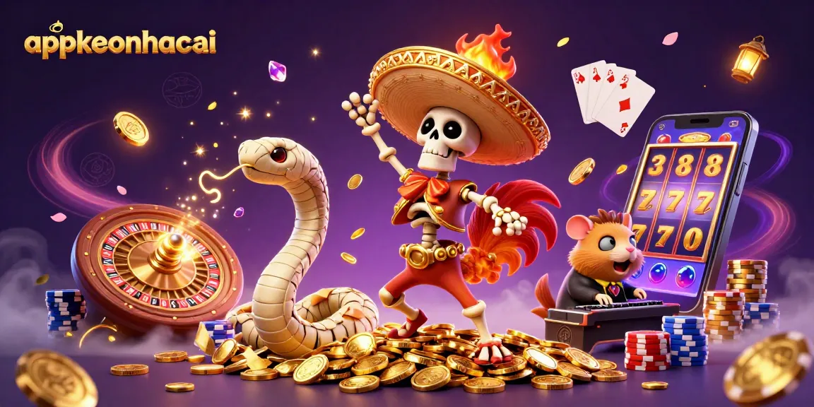 appkeonhacai showcases a vibrant casino scene featuring a mariachi rooster surrounded by casino elements.