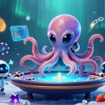 Le casino en ligne présente une scène vibrante avec un octopus extraterrestre énergétique jouant au poker entouré de jetons et de crypto-monnaies.