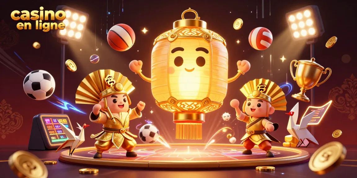 Pariez avec le meilleur casino en ligne, une illustration 3D captivante remplie de trophées sportifs et de symboles de bonne fortune.