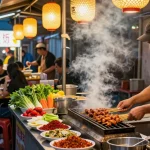Warung225 menyajikan sate lezat di pasar jalanan yang ramai dengan suasana hangat.