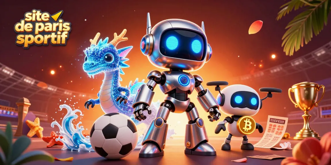 Illustration dynamique mettant en avant le site de paris sportif avec des personnages de jeu et des éléments de paris.