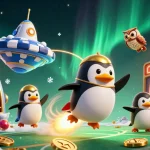 Rassemblez-vous autour du casino en ligne avec un pingouin doré propulsé par une fusée, un univers rempli de pièces d'or.