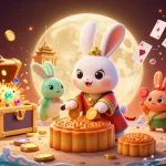 Jouer au casino en ligne avec un lapin lunaire et des jetons de poker parmi des trésors sous-marins.