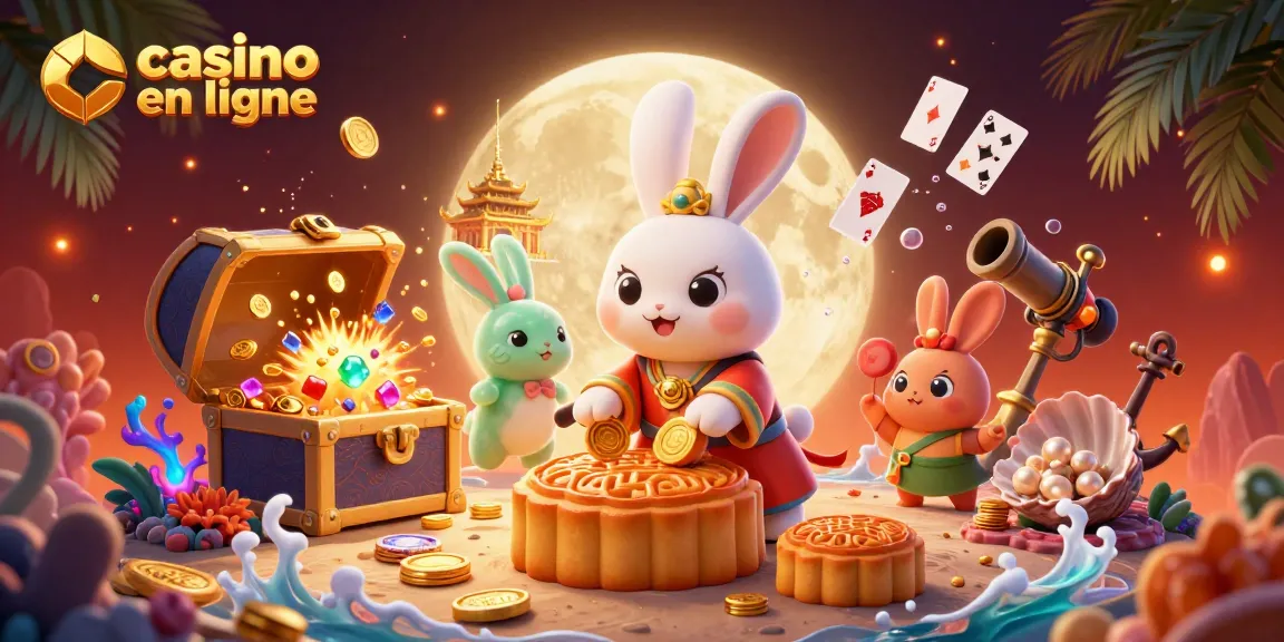 Jouer au casino en ligne avec un lapin lunaire et des jetons de poker parmi des trésors sous-marins.