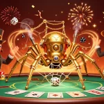 Illustration d'un casino en ligne avec une araignée steampunk et des éléments de poker captivants.