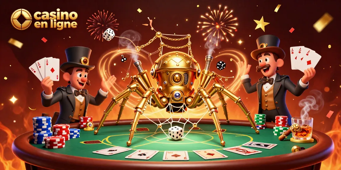 Illustration d'un casino en ligne avec une araignée steampunk et des éléments de poker captivants.