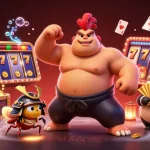 Scène dynamique de casino en ligne avec un sumo et un criquet, comprenant des jackpots et des trésors sous-marins.