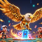 Jouer au casino en ligne: illustration dynamique d'un aigle cybernétique sur fond de cartes et pièces d'or.