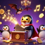 Il crypto casino presenta un pinguino fantasma in maschera dorata che suona un organo, circondato da monete e elementi blockchain.