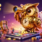 Jouez à un casino en ligne avec un hibou doré et des souris autour des machines à sous.