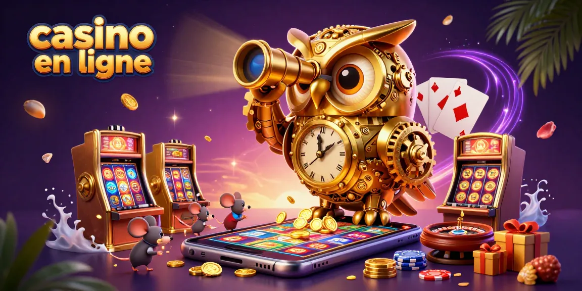 Jouez à un casino en ligne avec un hibou doré et des souris autour des machines à sous.
