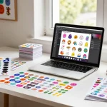 Designer creating custom stickers in a vibrant workspace with sticker designs and natural light.