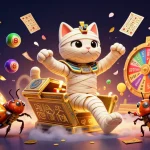 Une illustration représentant un casino en ligne captivant avec un chat momie égyptien et un scarabée, illustrant l'excitation du jeu.