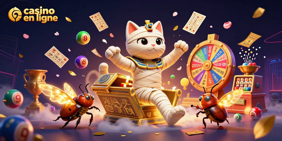 Une illustration représentant un casino en ligne captivant avec un chat momie égyptien et un scarabée, illustrant l'excitation du jeu.