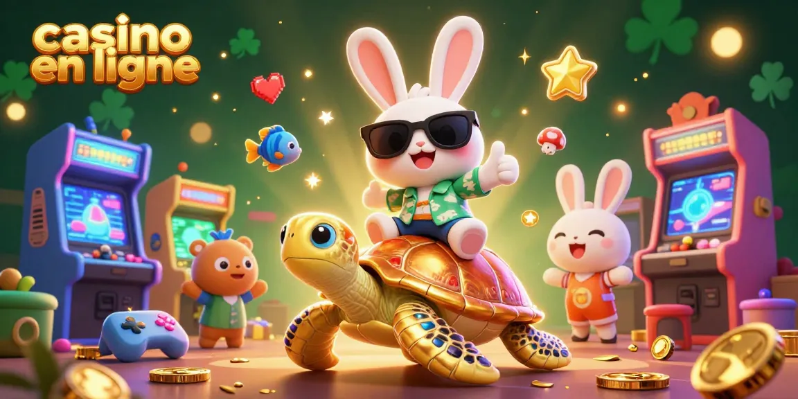 Visuel captivant de "casino en ligne" avec un lapin chanceux et une tortue dorée dans un décor ludique.