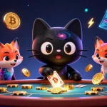 Casino en ligne : un chat trou noir et un renard nébuleux au casino cosmique, attirant les jetons dorés.