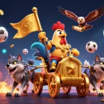 Illustration animée de casino en ligne avec un coq guerrier et des éléments de jeux dynamiques.