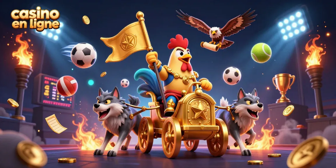 Illustration animée de casino en ligne avec un coq guerrier et des éléments de jeux dynamiques.