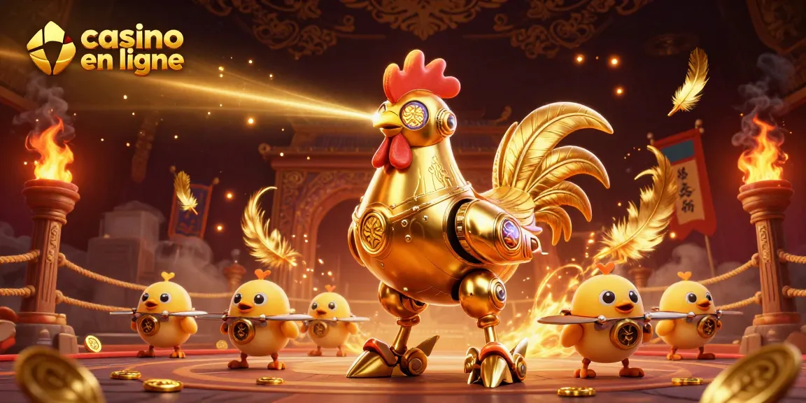Visualisez un combat vivant dans un casino en ligne avec un robot coq doré et des drones!