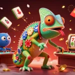 Un chameleon géant de casino en ligne attrapant des pièces dorées, entouré de lanternes et de jeux.