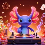 Scènes vibrantes de casino en ligne avec un axolotl DJ et des éléments de jeux sous-marins.