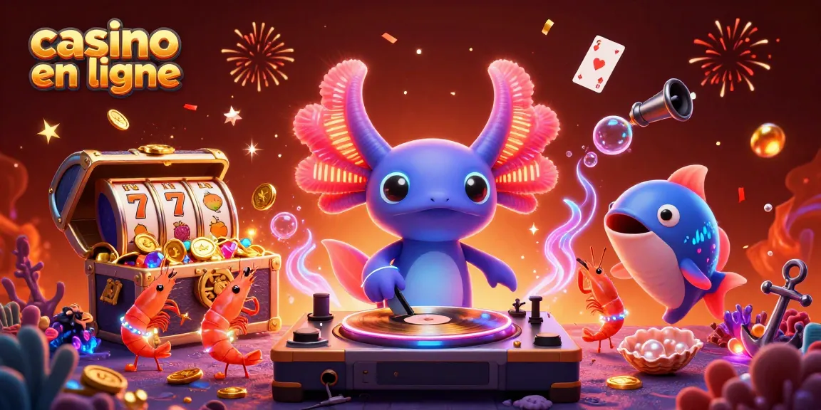 Scènes vibrantes de casino en ligne avec un axolotl DJ et des éléments de jeux sous-marins.