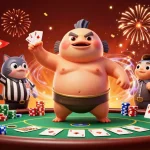 Illustration d'un casino en ligne animé avec un fugu sumotori, une table de poker et des spectateurs sous-marins.