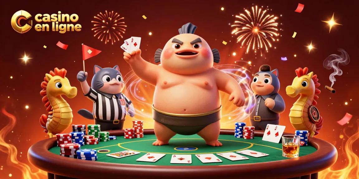 Illustration d'un casino en ligne animé avec un fugu sumotori, une table de poker et des spectateurs sous-marins.