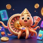 Plongez dans l'univers du casino en ligne avec une illustration d'un nautile géant et des éléments de crypto-monnaie.