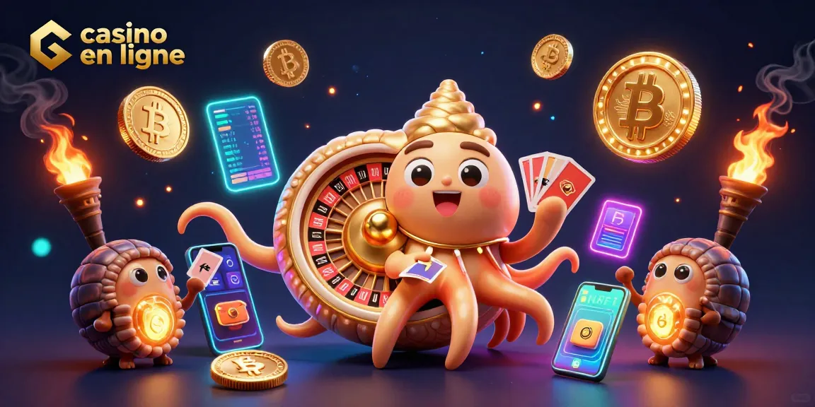 Plongez dans l'univers du casino en ligne avec une illustration d'un nautile géant et des éléments de crypto-monnaie.