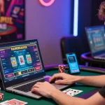 Player engaged in gacor online gambling at a vibrant gaming desk with chips and colorful graphics.
