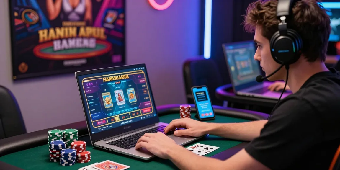 Player engaged in gacor online gambling at a vibrant gaming desk with chips and colorful graphics.
