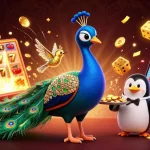 Découvrez l'univers captivant du casino en ligne avec un paon aristocratique et un pingouin majordome servant des jetons d'or.